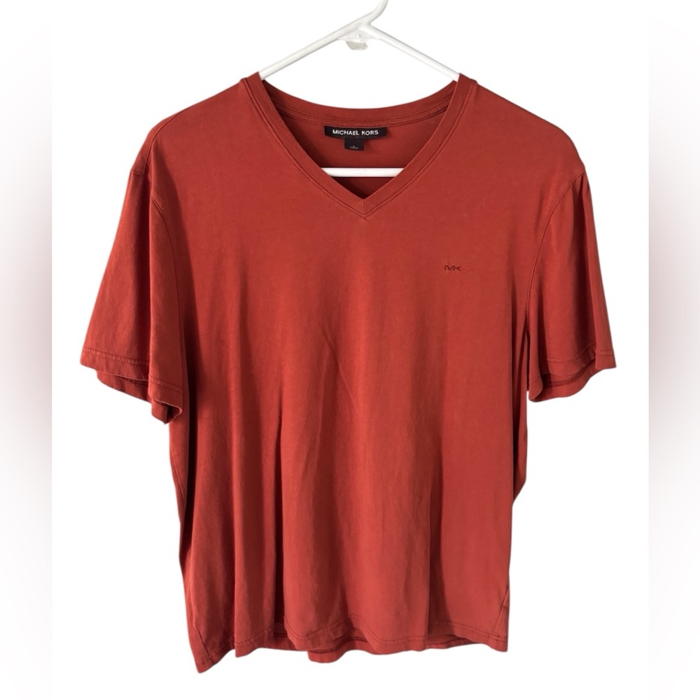 Michael Kors Men’s Rust Color V-Neck Liquid Cotton Short Sleeved Tee Shirt L